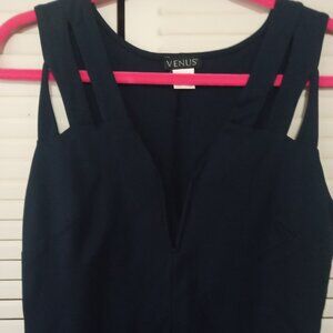 VENUS Navy Blue Deep V Neckline Strappy Shoulder Peplum Hem Top Blouse S